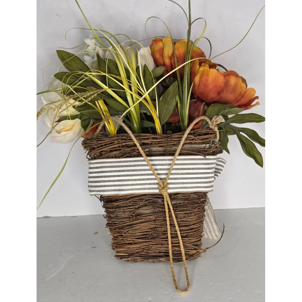 Ashland‎ Fall Peony Floral Wall Hanging Grapevine Straw Basket Farmhouse Country